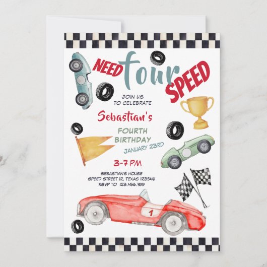 Benötigen Sie vier Speed Rennwagen vierten Kinderg Einladung (Vorderseite)