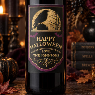 Benutzerdefineter Rabenmond Frohes Halloween Weinetikett