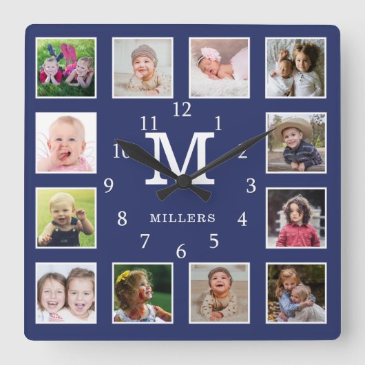Benutzerdefiniert 12 Collage Family Name Monogram Quadratische Wanduhr (Vorderseite)