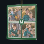 Benutzerdefiniert 4 FotoCollage mit Monogramm auf  Keramikornament<br><div class="desc">Erstellen Sie Ihre eigene Foto-Collage mit 4 Bildern in einem quadratischen Raster mit jeweils dünnen weißen Rändern auf grünem Hintergrund. Ein grüner Kreis mit weißem Rand überragt die Ecken der Fotos in der Mitte und zeigt das Monogramm in einem fett weißen Schriftart. Fügen Sie Ihre Initial- und Fotografien in der...</div>