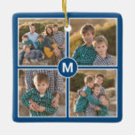 Benutzerdefiniert 4 FotoCollage mit Monogramm auf  Keramikornament<br><div class="desc">Erstellen Sie Ihre eigene Foto-Collage mit 4 Bildern in einem quadratischen Raster mit jeweils dünnen weißen Rändern auf blauem Hintergrund. Ein blauer Kreis mit weißem Rand überragt die Ecken der Fotos in der Mitte und zeigt das Monogramm in einem fett weißen Schriftart. Fügen Sie Ihre Initial- und Fotografien in der...</div>