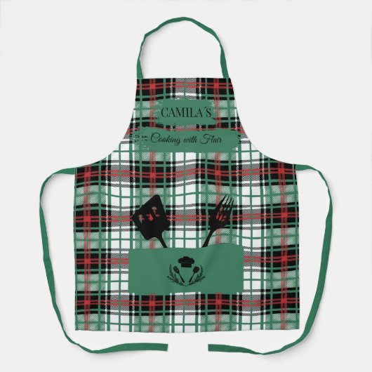 Benutzerdefiniert grün Kariert mit Kochgeschirr Schürze (Vorderseite)