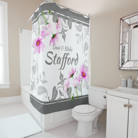 Benutzerdefiniert Hübsch rosa Kosmos Elegant Graut Duschvorhang (Beispiel)