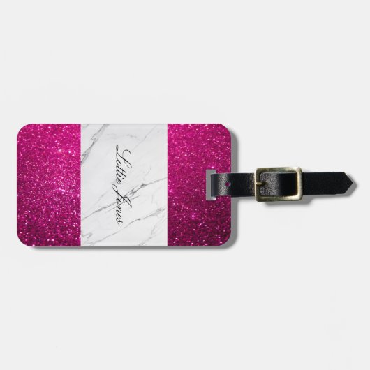 Benutzerdefiniert Rosa Glitzer weißer Marmor Gepäc Gepäckanhänger (Vorderseite horizontal)