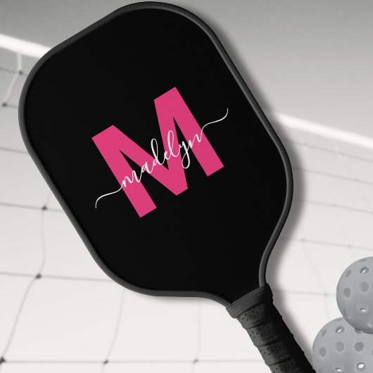 Benutzerdefiniert Rosa Modern Script Name Monogram Pickleball Schläger