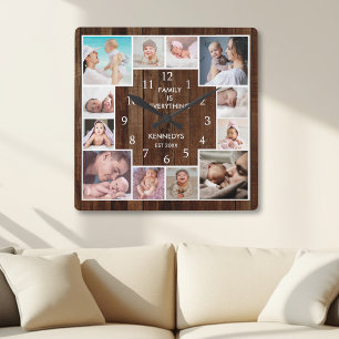 Benutzerdefinierte 12-Familien-Fotocollage Rustika Quadratische Wanduhr