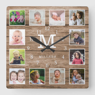 Benutzerdefinierte 12-Foto-Collage Familienname Mo Quadratische Wanduhr
