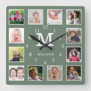 Benutzerdefinierte 12-Foto-Collage Familienname Mo Quadratische Wanduhr