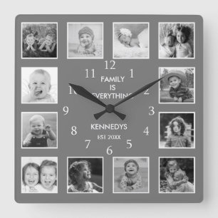 Benutzerdefinierte 12 Schwarz-Weiß-Foto-Collage Gr Quadratische Wanduhr