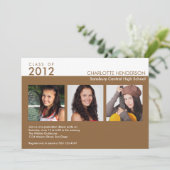 Benutzerdefinierte 3-Foto-braune Abschluss-Klassen Einladung (Stehend Vorderseite)