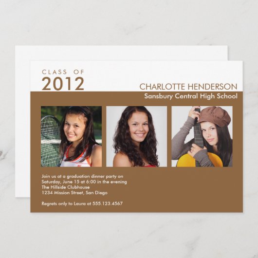 Benutzerdefinierte 3-Foto-braune Abschluss-Klassen Einladung (Vorne/Hinten)