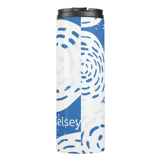 Benutzerdefinierte Abstrakte Blau- und Weißkreissc Thermosbecher (Rückseite)