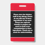 Benutzerdefinierte Allergie-Alert-Koch-Karte Ausweis (Rückseite)