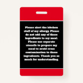 Benutzerdefinierte Allergie-Alert-Koch-Karte Ausweis (Rückseite)