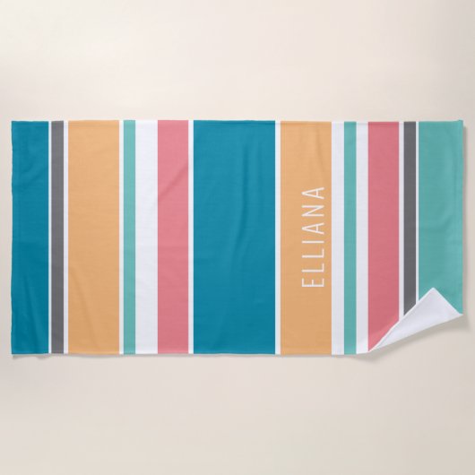 Benutzerdefinierte Aquamarin-blaugelbe Rosa Streif Strandtuch (Vorderseite)