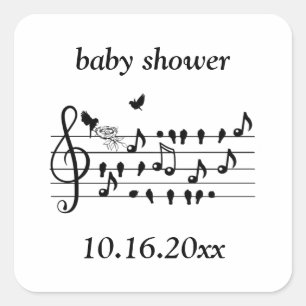 Benutzerdefinierte Baby Shower Musik Vogel Noten E Quadratischer Aufkleber