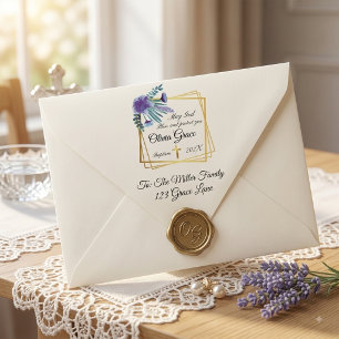 Benutzerdefinierte Baby-Taufe Lila Floral Quadratischer Aufkleber