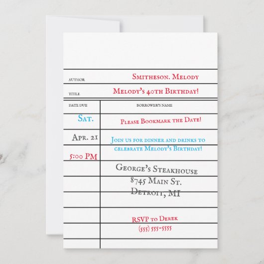 Benutzerdefinierte Bibliothek Checkout-Karte Gebur Einladung (Vorderseite)