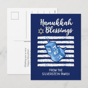 Benutzerdefinierte blaue Dreidel-Familie Hanukkah Feiertagspostkarte