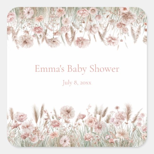 Benutzerdefinierte Boho-Wildblumen-Event-Aufkleber Quadratischer Aufkleber (Vorderseite)