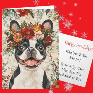Benutzerdefinierte Boston Terrier Weihnachts-Blume Feiertagskarte
