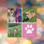 Benutzerdefinierte Dog Foto Collage Hübsch rosa do Keramikornament<br><div class="desc">Dieses wunderschöne Welpentier Foto Weihnachtsschmuck ist personalisiert mit bezaubernden Bildern Ihres süßen Mädchenhundes. Passen Sie dieses elegante Geschenk mit Ihren eigenen, ganz individuellen Aufnahmen rund um einen hübschen rosa Platz mit einem niedlichen weißen Pfotenprint und dem Namen Ihres Hundes in der Mitte an. Füge dein Lieblingsfoto auf der Rückseite hinzu....</div>