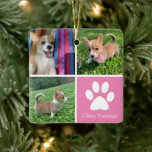 Benutzerdefinierte Dog Foto Collage Hübsch rosa do Keramikornament<br><div class="desc">Dieses wunderschöne Welpentier Foto Weihnachtsschmuck ist personalisiert mit bezaubernden Bildern Ihres süßen Mädchenhundes. Passen Sie dieses elegante Geschenk mit Ihren eigenen, ganz individuellen Aufnahmen rund um einen hübschen rosa Platz mit einem niedlichen weißen Pfotenprint und dem Namen Ihres Hundes in der Mitte an. Füge dein Lieblingsfoto auf der Rückseite hinzu....</div>