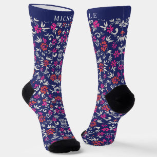 Benutzerdefinierte Dunkelblaue Florale Rosa Weiße  Socken