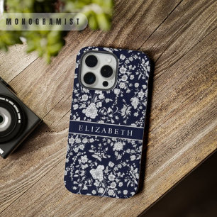 Benutzerdefinierte Dunkelblaue Florale Silber Weiß iPhone 15 Pro Max Hülle