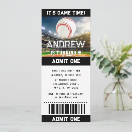 Benutzerdefinierte einfache Baseball Ticket Geburt Einladung (Stehend Vorderseite)