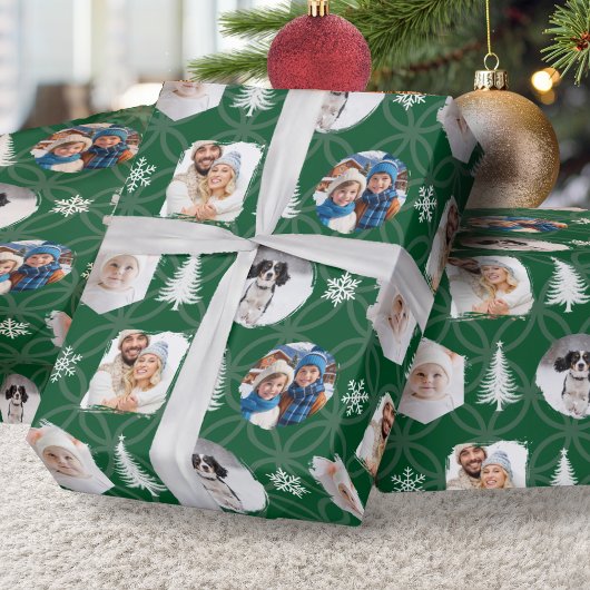 Benutzerdefinierte Familienfoto-Collage Grüne Weih Geschenkpapier