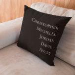 Benutzerdefinierte Familienmitglieder Namen Schwar Kissen<br><div class="desc">Fügen Sie Ihrer Wohngestaltung eine persönliche Touch mit diesem benutzerdefinierten Familienmitglied Black & White Modern Type Accent Pillow hinzu. Dieses elegante, minimalistische Design in Schwarz-Weiß-Klassikern ist der perfekte Weg, um die Namen Ihrer Lieben in einem stilvollen, modernen Schriftart zu präsentieren. Ideal für Wohn- und Schlafzimmer oder auch als nachdenkliches Familiengeschenk....</div>