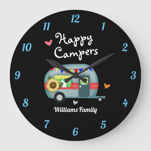 Benutzerdefinierte Familienname Happy Campers Große Wanduhr (Vorderseite)