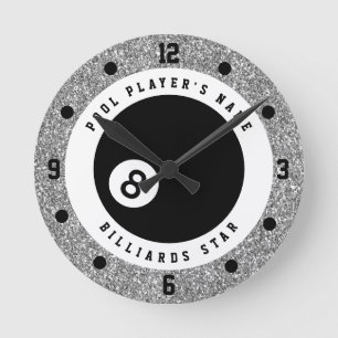 Benutzerdefinierte Faux-Silber-Glitter-Poolbillard Runde Wanduhr