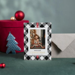 Benutzerdefinierte Foto Schwarz-Weiß-Tartan-Weihna Folien Feiertagskarte