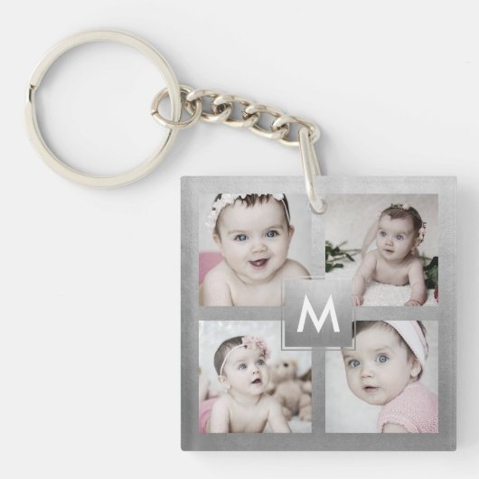 Benutzerdefinierte Fotolage Silver Monogram 4 Bild Schlüsselanhänger (Vorderseite)