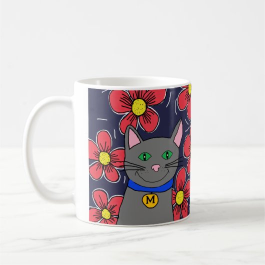 benutzerdefinierte graue Katze mit Blume personali Kaffeetasse (Links)