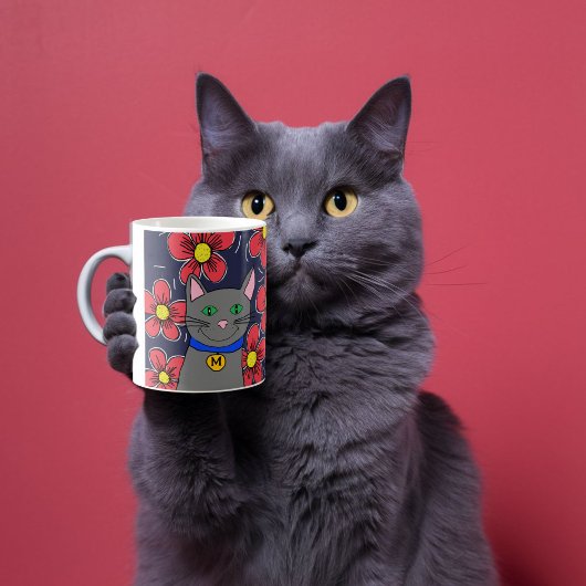benutzerdefinierte graue Katze mit Blume personali Kaffeetasse