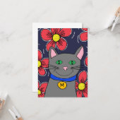 benutzerdefinierte graue Katze mit Blume personali Karte (Vorderseite/Rückseite Beispiel)