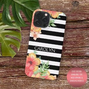 Benutzerdefinierte Hawaii-Blumen Schwarz-Weiß-Stre Case-Mate iPhone 14 Pro Max Hülle