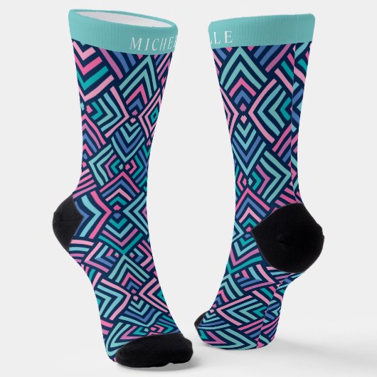 Benutzerdefinierte Helle Dunkelblaue Pinke Geometr Socken (Gewinkelt)