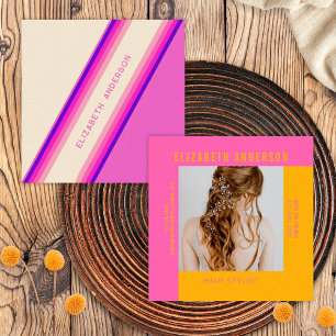 Benutzerdefinierte Hot Pink Orange Retro Streifen  Quadratische Visitenkarte