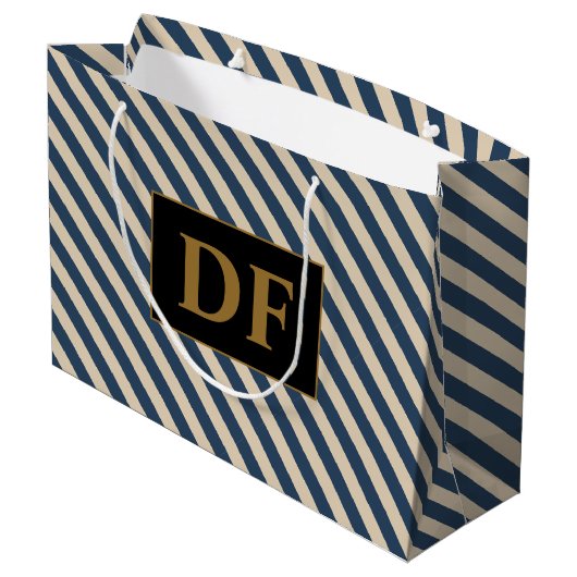 Benutzerdefinierte Initial Blau/Vanilla Stripes Große Geschenktüte (Rückseite Schrägansicht)