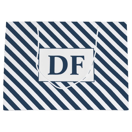 Benutzerdefinierte Initialen Blau/Weiße Streifen Große Geschenktüte (Vorderseite)