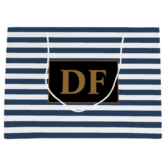 Benutzerdefinierte Initialen Blau/Weiße Streifen Große Geschenktüte (Vorderseite)