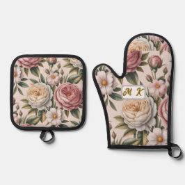 Benutzerdefinierte Initialen chic vintage Rosen co Ofenhandschuh & Topflappen-Set
