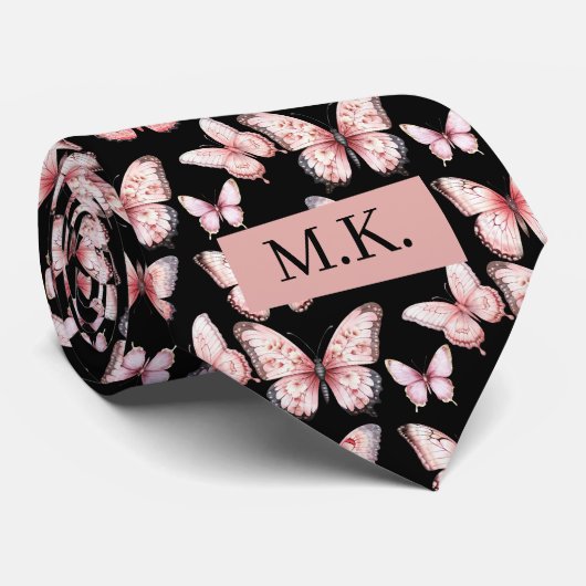 Benutzerdefinierte Initialen rosa Schmetterlinge a Krawatte (Gerollt)