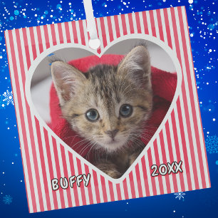 Benutzerdefinierte Katze auf rotem und weißem gest Ornament Aus Glas