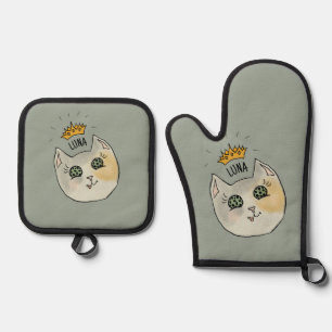 Benutzerdefinierte Katzenname-Kunst - Dicke weiße  Ofenhandschuh & Topflappen-Set