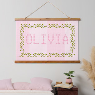 Benutzerdefinierte Kreuzstich-Rosa-Gestreifte-Kind Wandteppich Mit Holzrahmen